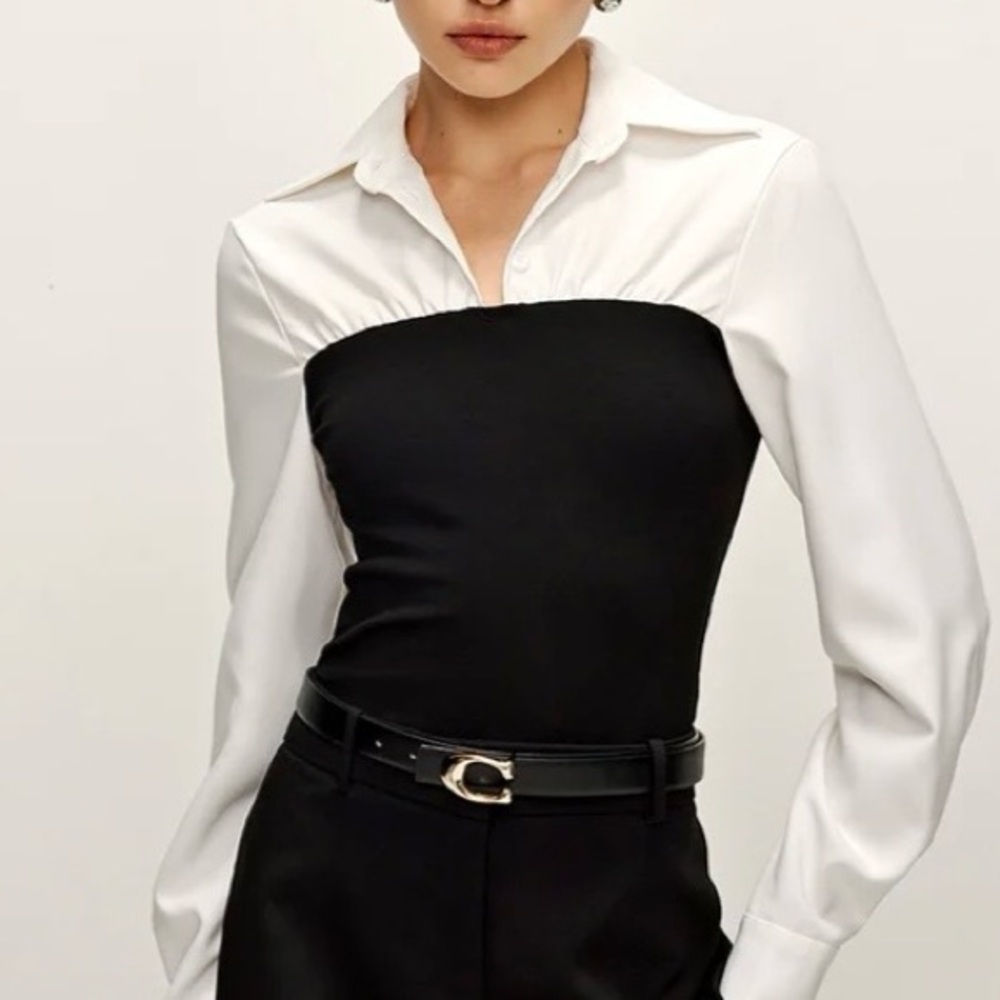 COMMENSE-Two Tone Panel Polo Shirt. Size: small. Black/White